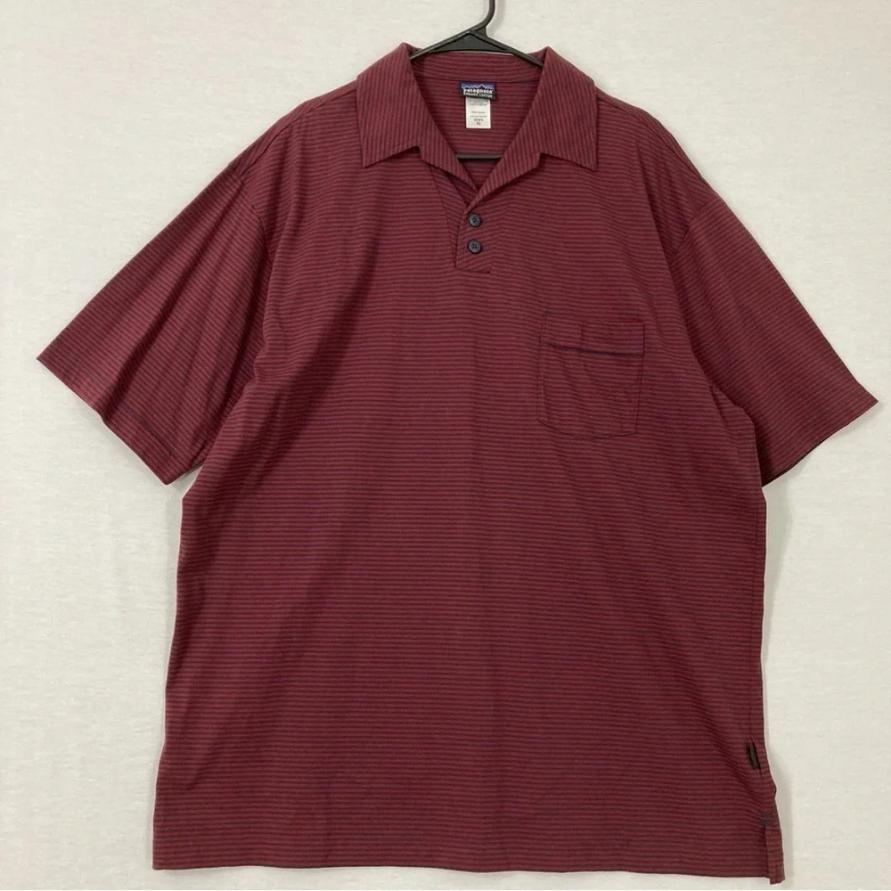 Patagonia Men's Red Gray Striped Organic‎ Cotton Short Sleeve Polo Shirt XL